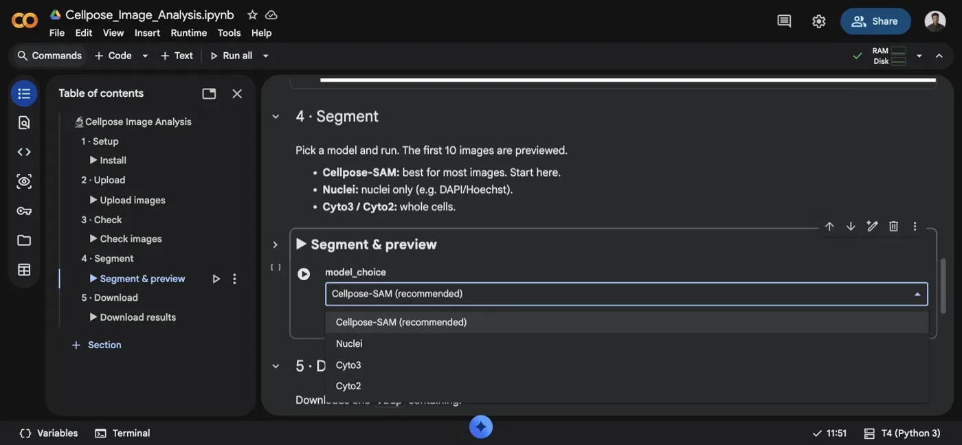 Step 5: the model dropdown, with Cellpose-SAM selected by default